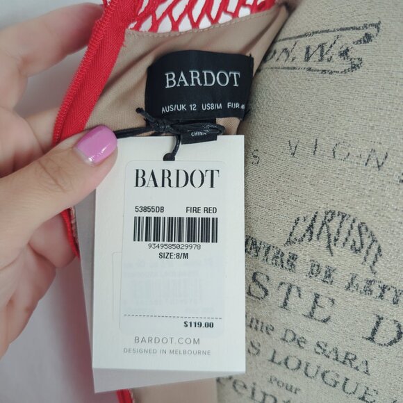 Bardot Lace Dress Medium Red Ruffle Mini - Picture 8 of 9
